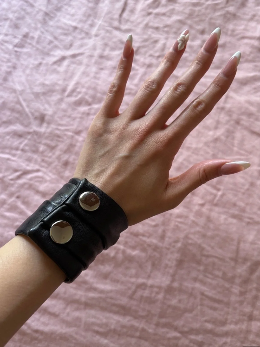 Black Leather Wide Snap Wristband with Silver Hardware